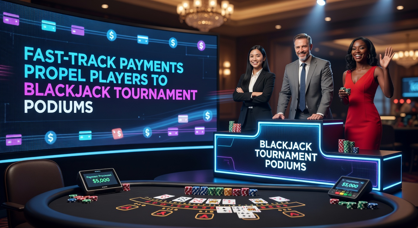 Blackjack-Spieler feiert Sieg auf dem Podest mit Pokal, während Zahlungssymbolik im Hintergrund leuchtet